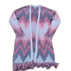 Lucky Brand Fringed Red and Pink Open Front Duster Cardigan Size Small